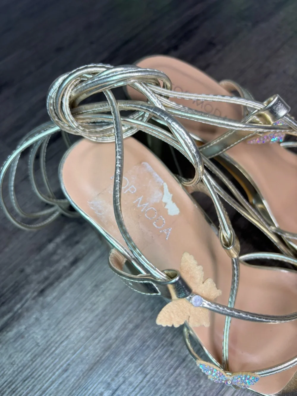 Iridescent Butterfly Gold Platform Lace-Up Heels Sz 6.5 Chunky Heel TOP Moda